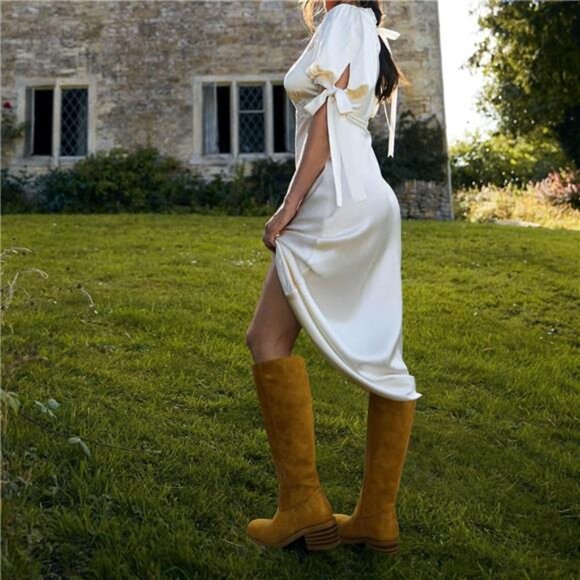 Womens Banana Knee High Boots Square Toe Boots Block Heel Boots Wide Calf - Picture 3 of 7